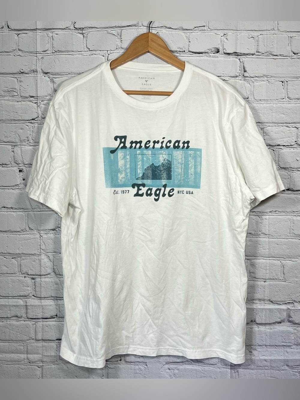 American Eagle Super Soft T Shirt Mens Size Large White Raised Lettering